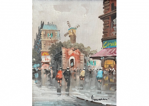 טחנת הרוח Moulin de La Galette בפריז' - ציור ישן, שמן על בד צרפתי, חתום