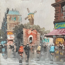 טחנת הרוח Moulin de La Galette בפריז' - ציור ישן, שמן על בד צרפתי, חתום