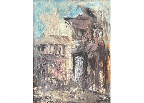 'מעברה' - ציור ישן, שמן על בד, חתום ומתוארך: 1973, אמן לא מזוהה