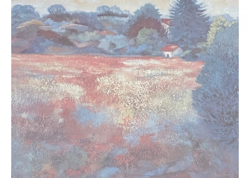 'Madge Bright' (ציירת בריטית) - בית עם גג רעפים אדום בנוף' - הדפס מצולם