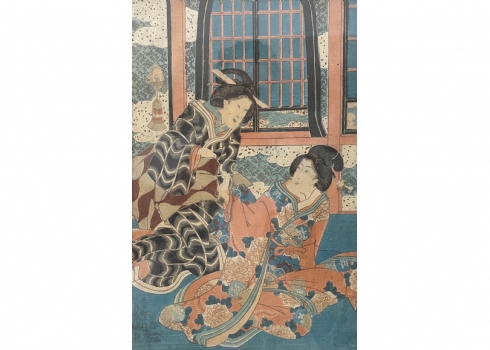 הדפס יפני עתיק מהמאה ה-19, על פי חיתוך עץ (Japanese Woodblock Print), חתום