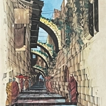 'ירושלים' - ציור ישן, רישום דיו ואקוורל על נייר, חתום ומתוארך 1996