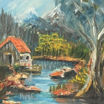 'בית על גדת נחל' - ציור ישן, שמן על בד, לא חתום
