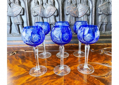 סט של 6 גביעי קריסטל עשויים קריסטל מרובד בכחול על שקוף, מעוטרים