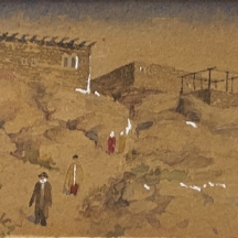 א. תבורי - 'דמויות בצפת' - ציור מיניאטורי ישן, רישום וגואש על נייר, חתום