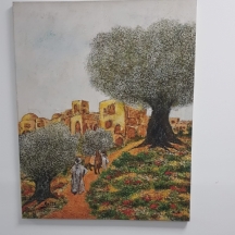 יוסף רולס - 'כפר תנ"כי' - הדפס המתאר שני מוסקי זייתים, הדפס על בד, חתום: 'Rolls'