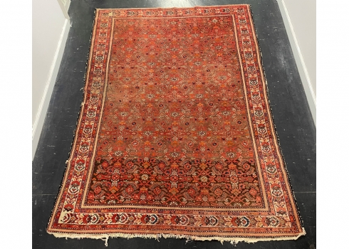 6# שטיח פרסי עתיק, משופשף, פרנזים חתוכים, (פגם מצולם בתקריב)