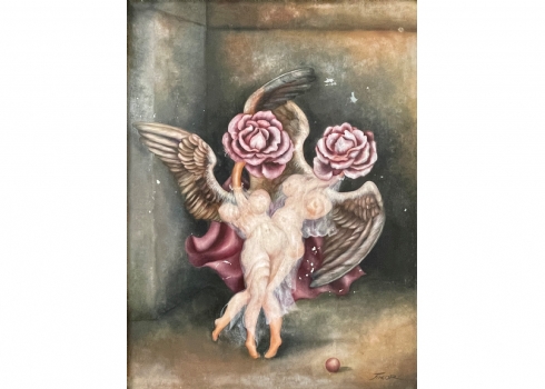 רחל טימור (Rachel Timor) - 'המלאכיות של שושנה' - ציור ישן, שמן על בד, חתום