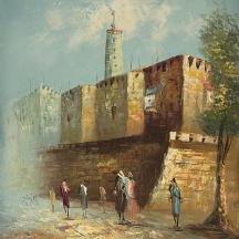 'עץ ודמויות ליד חומות ירושלים ומגדל דוד' - ציור ישן, שמן על בד צרפתי, חתום