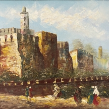 'דמויות ליד חומות ירושלים ומגדל דוד' - ציור ישן, שמן על בד צרפתי, חתום