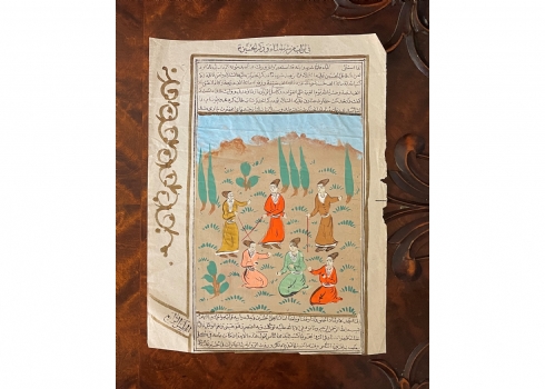 ציור מיניאטורה פרסי עתיק, מצוייר בעבודת יד בגואש על גבי דף מספר בדגם ששה גברים