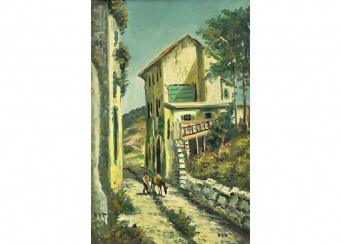 בן חיים - 'צפת' - ציור ישן, שמן על בד, המתאר עגלון וסוס בין שני בתי אבן, חתום