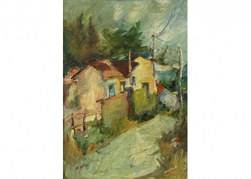 ראובן אלקה - 'בתים בזיכרון יעקב' - ציור גדול ויפה, שמן על בד, חתום