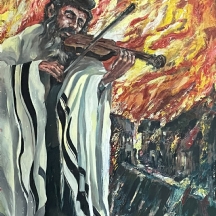 'נרון היהודי' - ציור ישן המתאר חסיד מנגן בכינור כשברקע העיירה בוערת