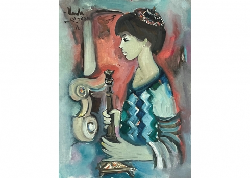 יהודה ורדי (Yehuda Vardi) - 'נער מחזיק פמוט' - ציור ישן, שמן על בד צרפתי, חתום