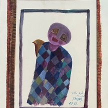 'ארלקין סגול וציפור חומה' - ציור ישן, אקוורל וגואש על נייר, חתום ומתוארך: 1972