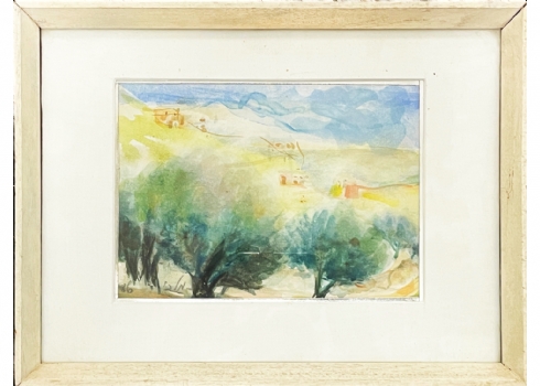 'עצי זית עתיקים בדרך לירושלים' - ציור ישן, אקוורל על נייר, חתום מלכי