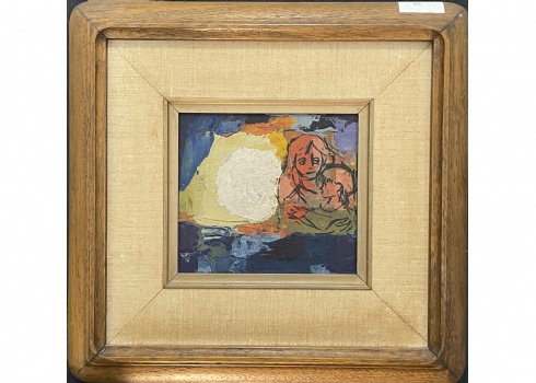 קרלוס מונטנייז - 'אם ובת תחת הלבנה במילואה' - ציור ישן, רישום טוש ושמן על בד