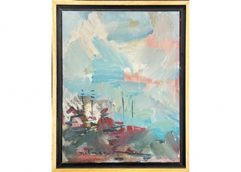 מילמן - 'עמודי חשמל ביום חורפי' - ציור ישן, שמן על בד, חתום