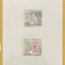 חיים מרוז - 'כרכרות ועגלון' - זוג ציורים, ממוסגרים יחד, אקוורל על נייר