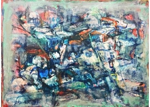 הר אבן, יהודית (Yehudit Har-Even) - 'בתים בעכו' - ציור גדול, שמן על בד, חתום