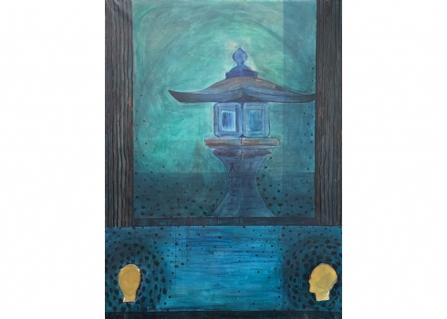 'פנס ברונזה סיני בגן כחול עם שני פרצופים' - ציור גדול מיימדים, טכניקה מעורבת