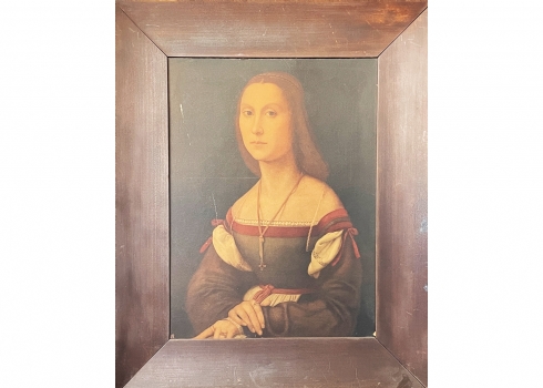 הדפס ישן על פי 'פורטרט אישה צעירה' של רפאל (Raphael), ציור שידוע בשם: 'La Muta'