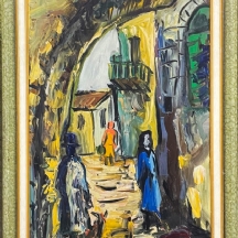 'דמויות בצפת' - ציור ישן, שמן על לוח, חתום: יבניאל