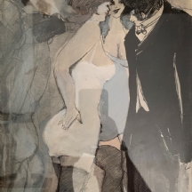 דוד שניאור ( 1905-1988)  'בנקאי וזוג יצאניות' - גואש על נייר, חתום