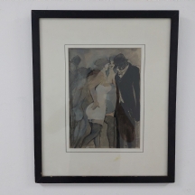 דוד שניאור ( 1905-1988) - 'בנקאי וזוג יצאניות' - ציור ישן, גואש על נייר, חתום