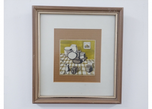'פינג'אן ושני ספלי קפה על מפה משובצת' - הדפס ישראלי ישן, אמן לא מזוהה, חתום לט