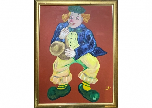'ליצן תוקע בקלרינט' - ציור ישן, שמן על בד, חתום חנה