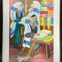 'שלושה יהודים לומדים תורה' - שמן על בד מוצמד ללוח, חתום