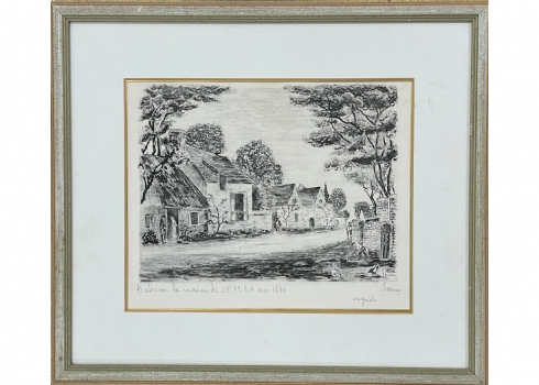תחריט צרפתי ישן ששמו: 'Barbizon, la maison de JF. Millet vers1880', חתום בעיפרון