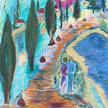 'זוג בשדרה' - ציור ישן, שמן על בד, חתום: נטע אמסל