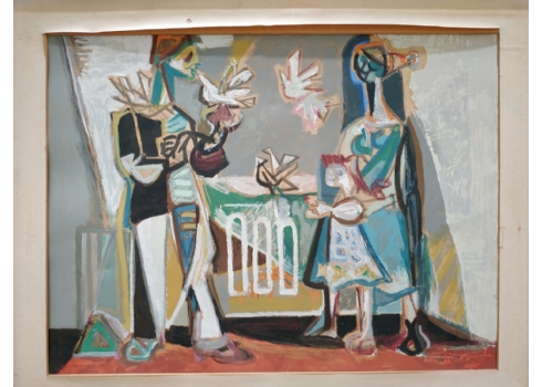 מרדכי אריאלי - 'משפחה ויונים לבנות' - הדפס ישן, יפה ואיכותי, חתום