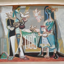 מרדכי אריאלי - 'משפחה ויונים לבנות' - הדפס ישן, יפה ואיכותי, חתום