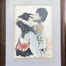 'אחים מתנשקים' - ציור ישן, אקוורל וגואש על נייר, חתום: ישראלי