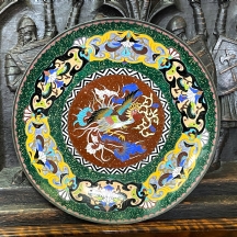צלחת קלואזונה (Cloisonne) יפנית ישנה, מעוטרת בדגם עוף החול (פניקס)