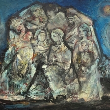 קרלוס מונטנייז - 'משפחה מלוכדת תחת ירחים כחולים' - ציור גדול מיימדים, שמן על לוח