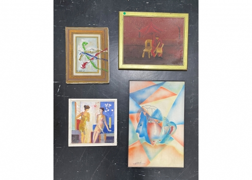 לוט של 4 ציורים ישנים שונים, טכניקות שונות