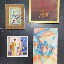 לוט של 4 ציורים ישנים שונים, טכניקות שונות