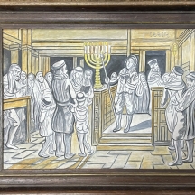 'אדי גולדשטיין' 'מתפללים בבית הכנסת הרפורמי בנווה שלום' ציור ישן, גואש על לוח,