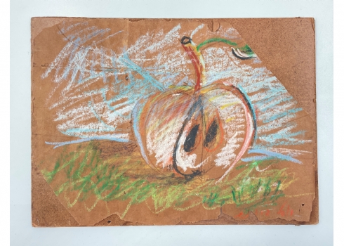 יוסל ברגנר (Yosl Bergner) - 'תפוח', ציור ישן, גירי פנדה על נייר (פגמים וחוסר)