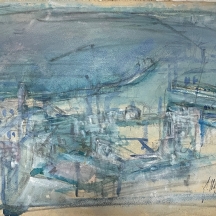 יהודית הר אבן (Yehudit Har-Even) - 'מפרץ חיפה' - ציור ישן, אקוורל על נייר, חתום