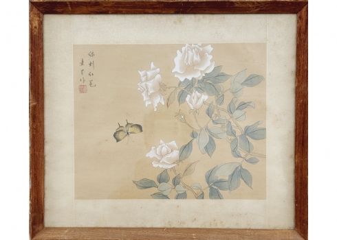 'פרפר שחור' - ציור סיני ישן, מצוייר ביד על בד, חתום