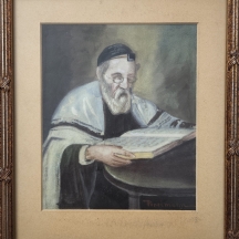 'דמות רב לומד תורה' - ציור ישן, גואש ואקוורל על נייר, חתום: Perelmann'