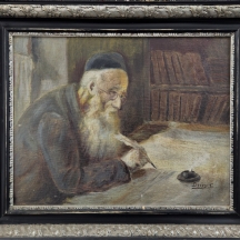 'סופר סת"ם' - ציור ישן, שמן על בד מוצמד ללוח, חתום, אמן לא מזוהה