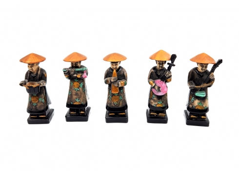סט של 5 פסלונים סינים דקורטיביים, עשויים חומר יצוק וצבוע