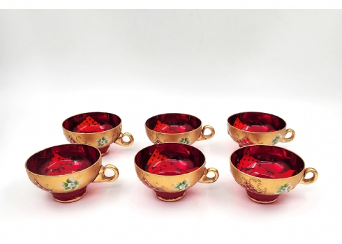 סט של 6 כוסות זכוכית עשויות זכוכית רובי (Ruby Glass) אדומה, מעוטרים בפרחי אמייל